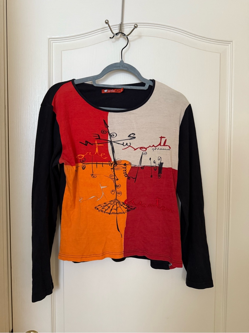 Vintage Colorblock Graphic Long-Sleeve Top - Red, Orange, Black